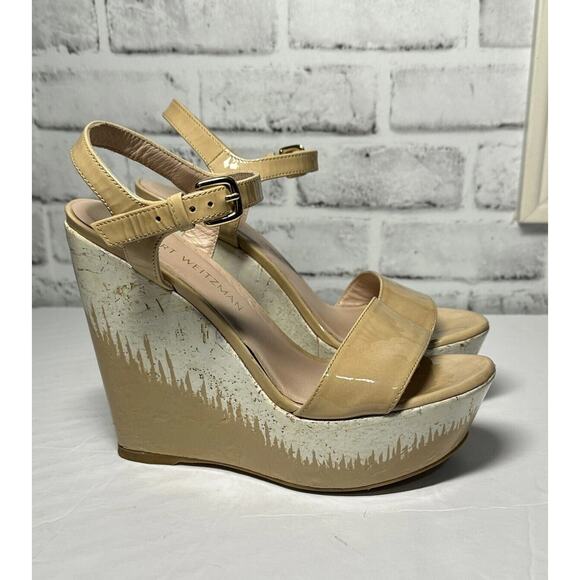 Stuart Weitzman Platform Cork Ankle Strap Wedge Sandals Womens Size 8M Nude - Picture 1 of 16